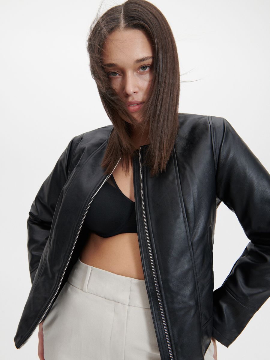 collarless faux leather biker jacket